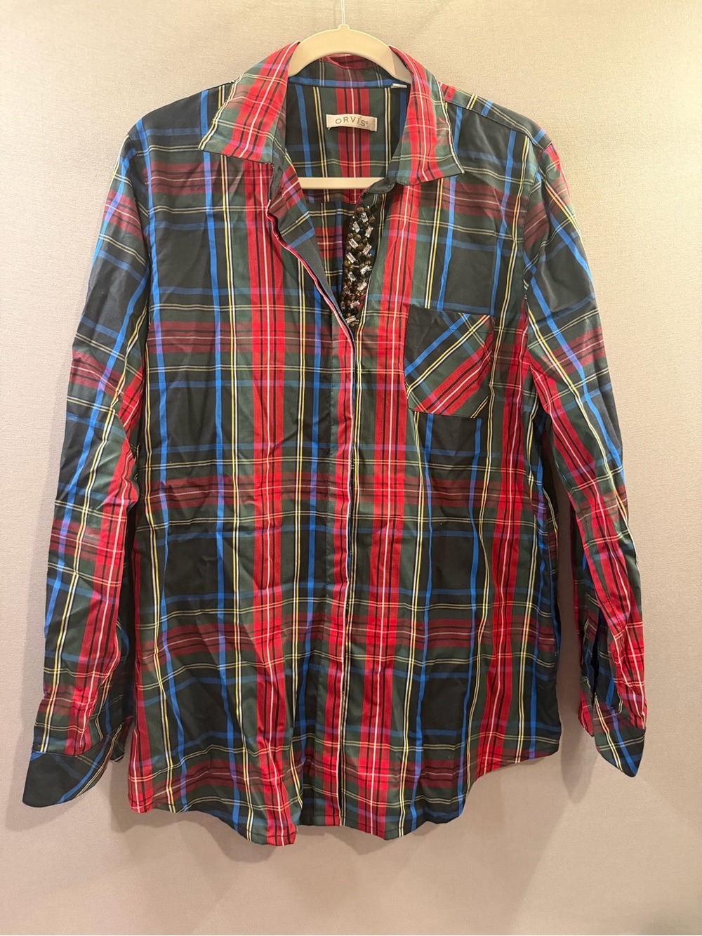 Orvis Red, Black & Blue Plaid Button-Down Shirt Womens 16 dressy casual party